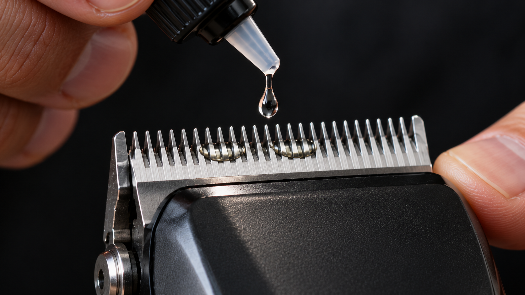 Persona echando una gota de aceite en la cuchilla de un cortapelos