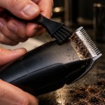 Persona limpiando con un cepillo la cuchilla de un cortapelos